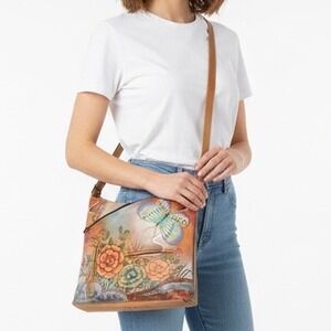 Anuschka Hand Painted Leather Shoulder Bag Butterfly Floral